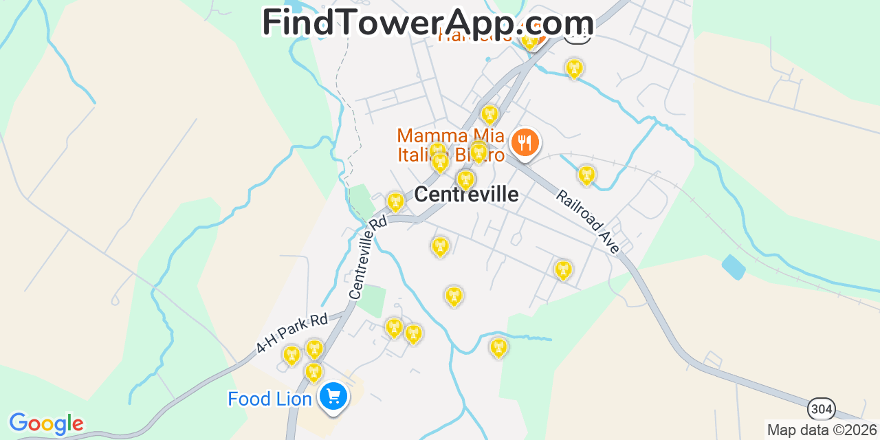 Map showing the 20 primary cell tower locations detected in Centreville, Maryland from AT&T, Verizon, and T-Mobile networks