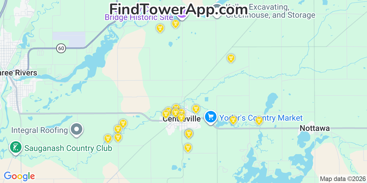 Map showing the 20 primary cell tower locations detected in Centreville, Michigan from AT&T, Verizon, and T-Mobile networks