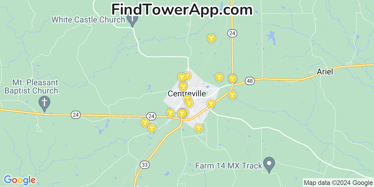 AT&T 4G/5G cell tower coverage map Centreville, Mississippi