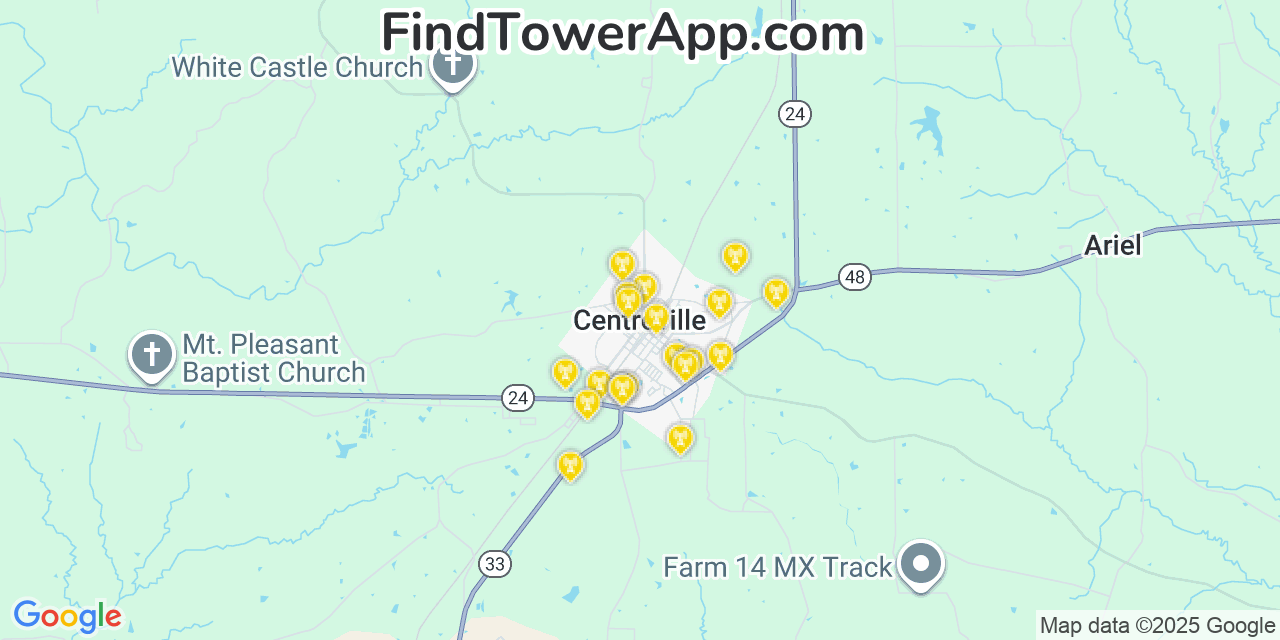Map showing the 20 primary cell tower locations detected in Centreville, Mississippi from AT&T, Verizon, and T-Mobile networks