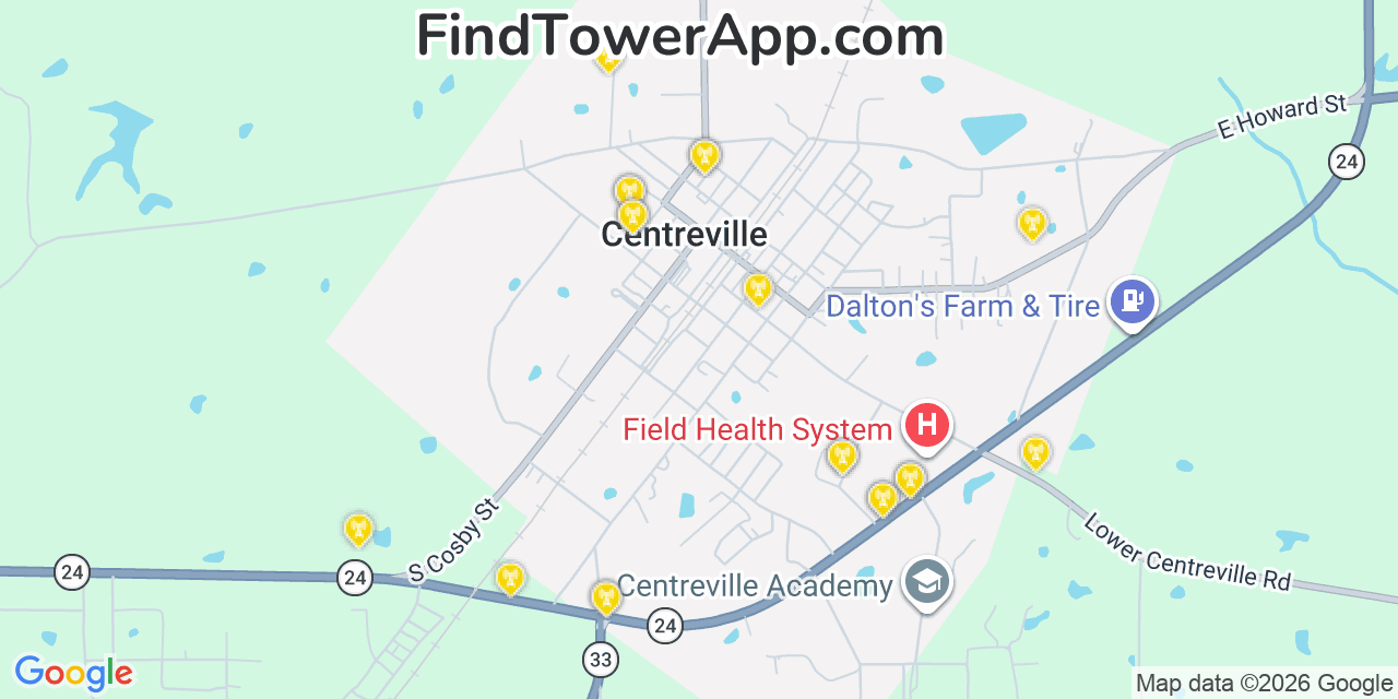 Map showing the 20 primary cell tower locations detected in Centreville, Mississippi from AT&T, Verizon, and T-Mobile networks