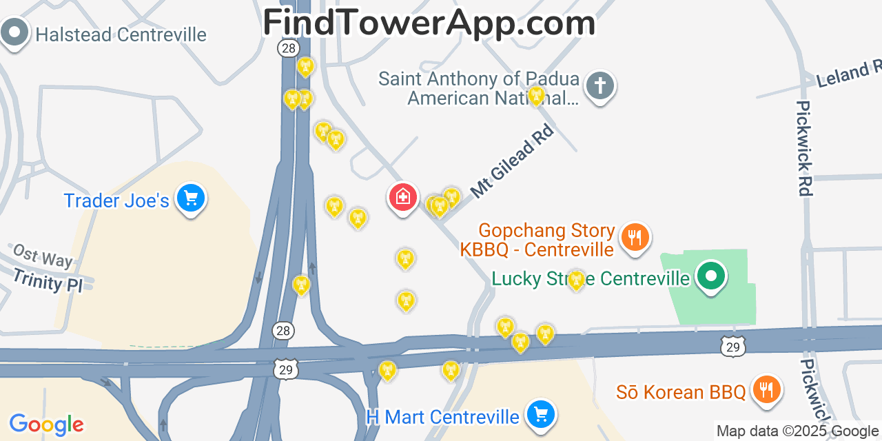 Map showing the 20 primary cell tower locations detected in Centreville, Virginia from AT&T, Verizon, and T-Mobile networks
