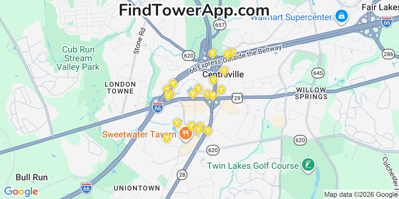 Map showing the 20 primary cell tower locations detected in Centreville, Virginia from AT&T, Verizon, and T-Mobile networks