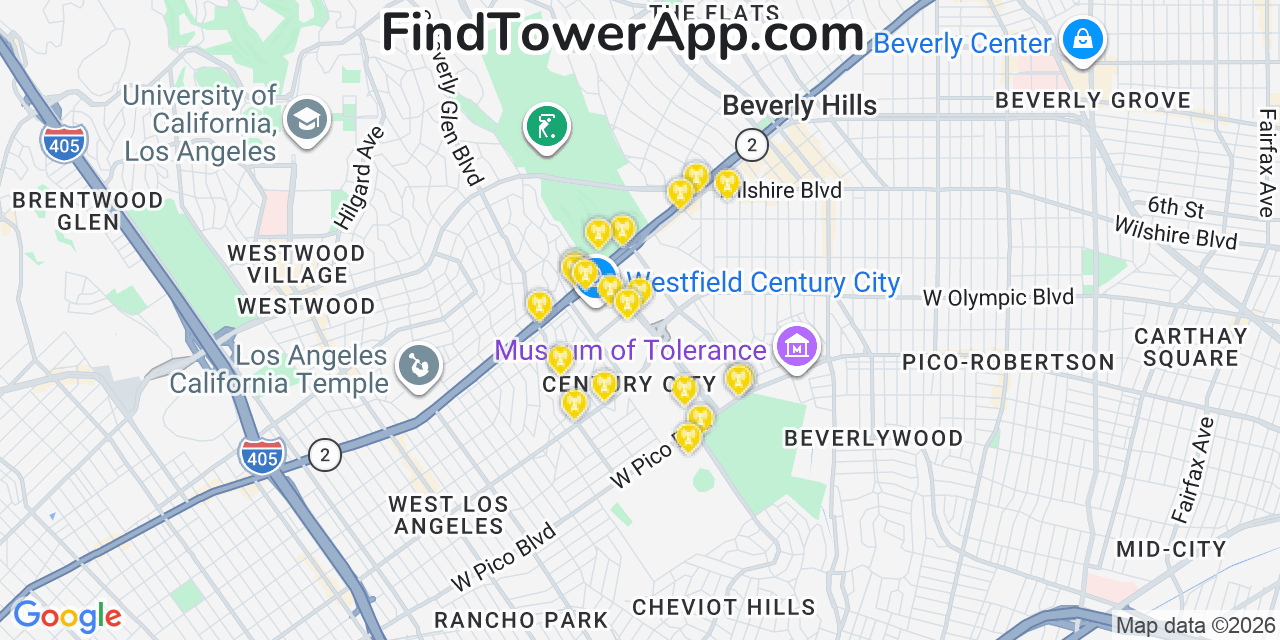 Map showing the 20 primary cell tower locations detected in Century City, California from AT&T, Verizon, and T-Mobile networks