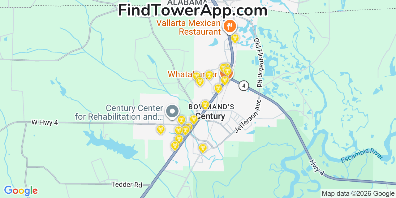Map showing the 20 primary cell tower locations detected in Century, Florida from AT&T, Verizon, and T-Mobile networks