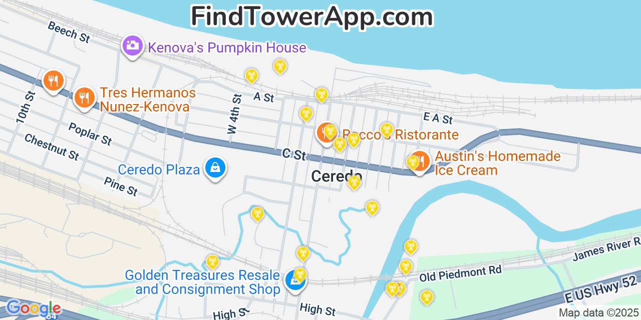 Map showing the 20 primary cell tower locations detected in Ceredo, West Virginia from AT&T, Verizon, and T-Mobile networks
