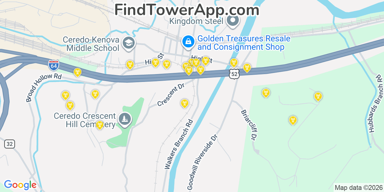 Map showing the 20 primary cell tower locations detected in Ceredo, West Virginia from AT&T, Verizon, and T-Mobile networks