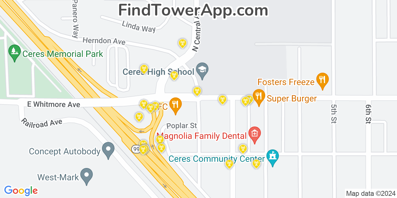 AT&T 4G/5G cell tower coverage map Ceres, California