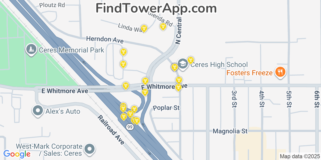 Map showing the 20 primary cell tower locations detected in Ceres, California from AT&T, Verizon, and T-Mobile networks