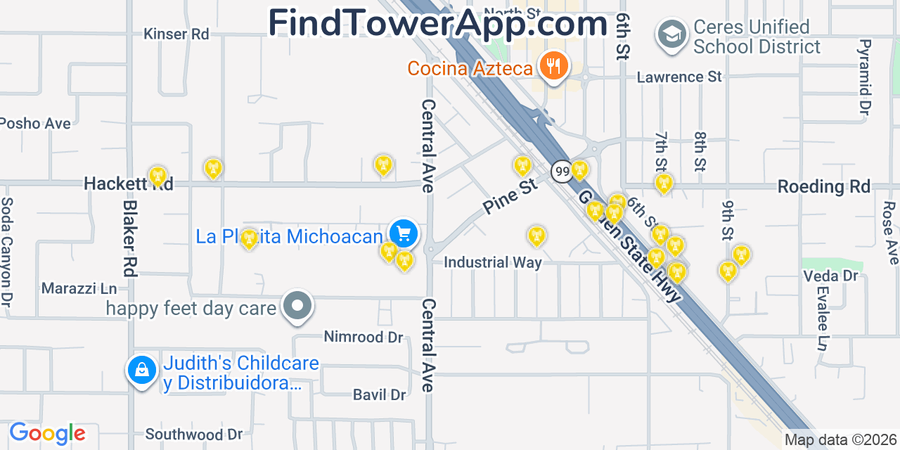 Map showing the 20 primary cell tower locations detected in Ceres, California from AT&T, Verizon, and T-Mobile networks