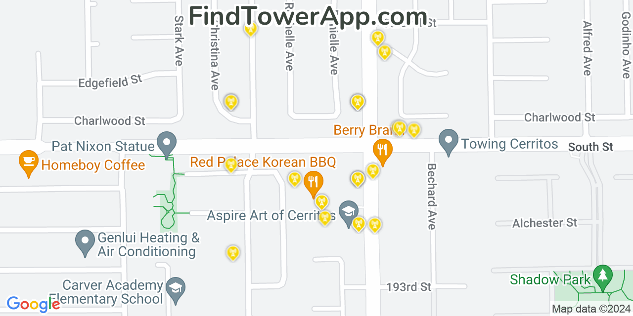 AT&T 4G/5G cell tower coverage map Cerritos, California