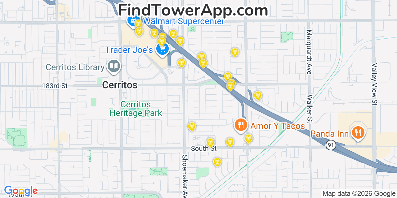 Map showing the 20 primary cell tower locations detected in Cerritos, California from AT&T, Verizon, and T-Mobile networks