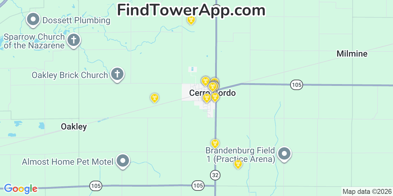 Map showing the 20 primary cell tower locations detected in Cerro Gordo, Illinois from AT&T, Verizon, and T-Mobile networks