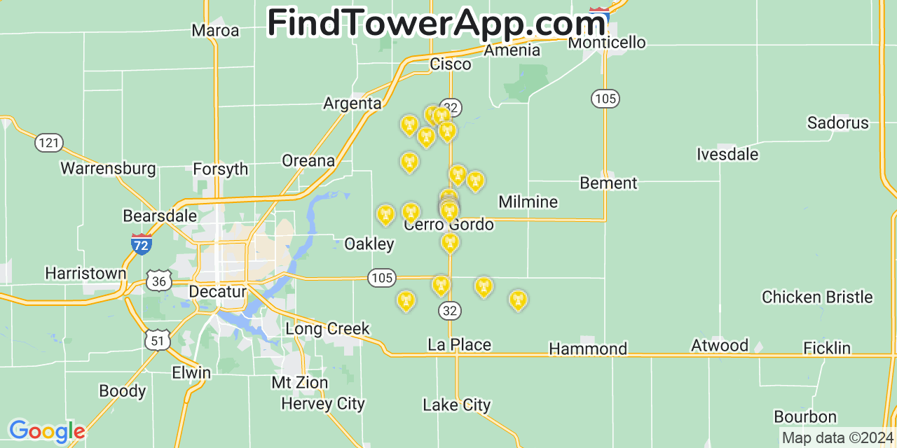 Verizon 4G/5G cell tower coverage map Cerro Gordo, Illinois