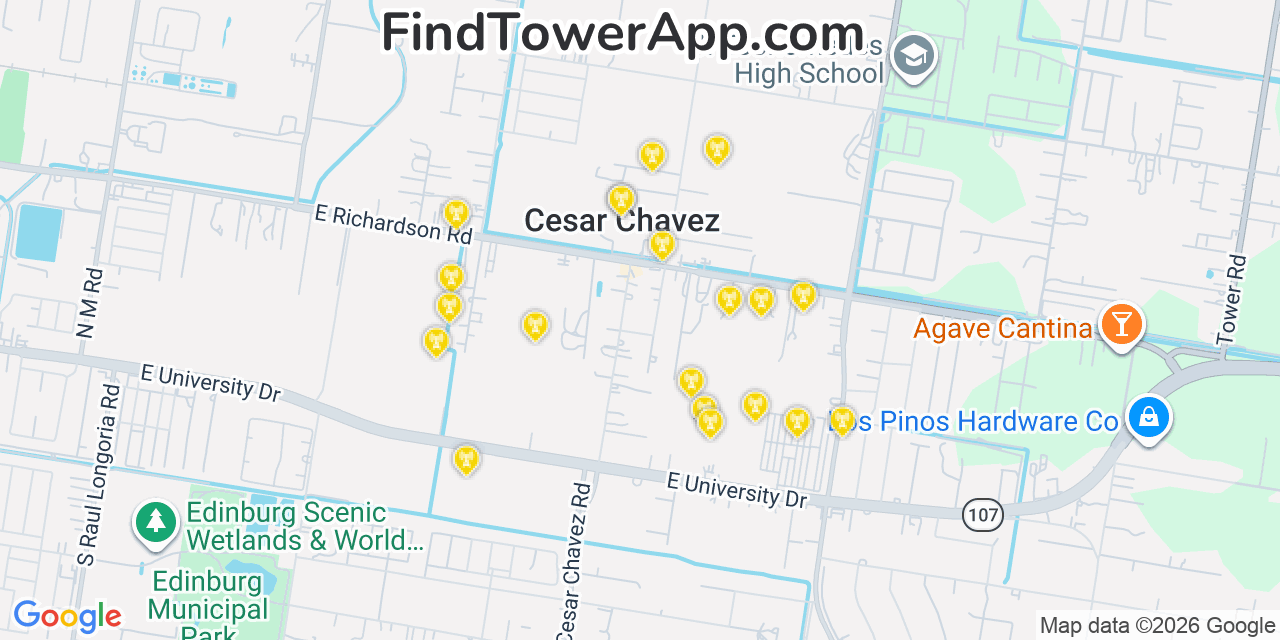 Map showing the 20 primary cell tower locations detected in César Chávez, Texas from AT&T, Verizon, and T-Mobile networks