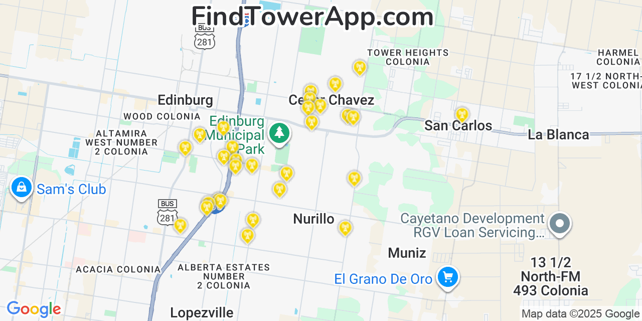 Map showing the 29 primary T-Mobile cell tower locations detected in César Chávez, Texas with coverage radius and signal strength indicators