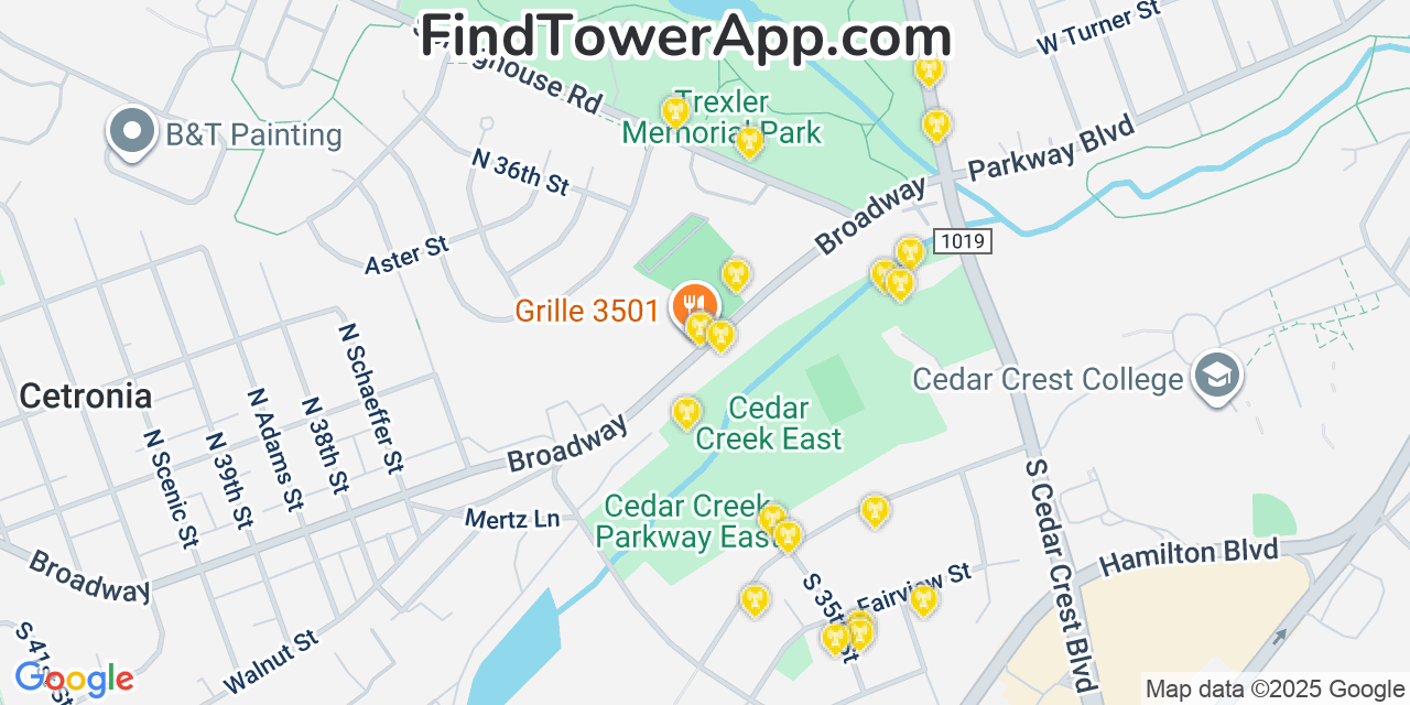 Map showing the 20 primary cell tower locations detected in Cetronia, Pennsylvania from AT&T, Verizon, and T-Mobile networks