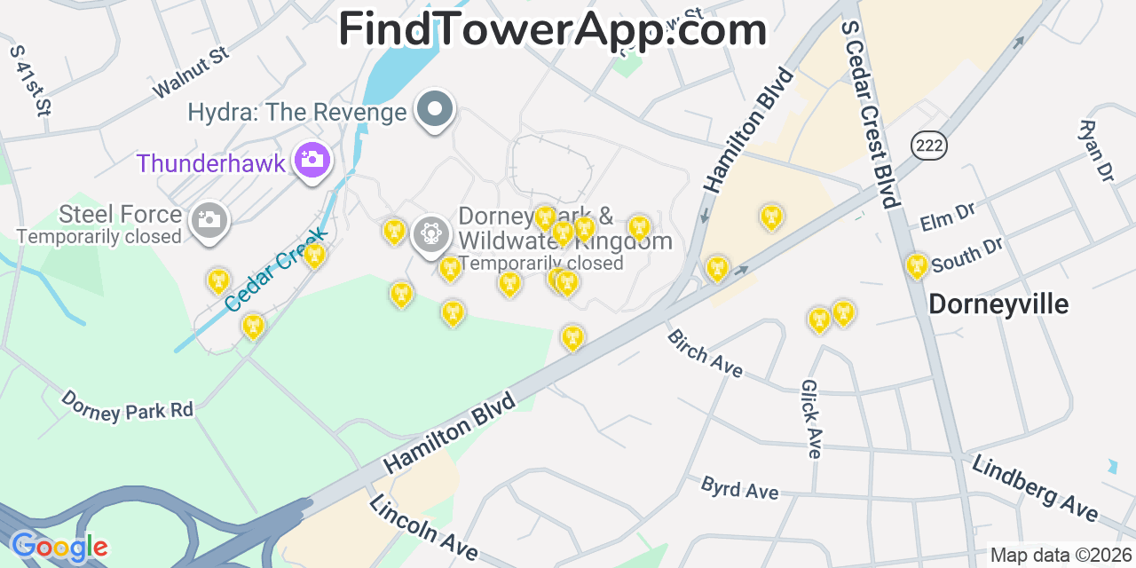 Map showing the 20 primary cell tower locations detected in Cetronia, Pennsylvania from AT&T, Verizon, and T-Mobile networks
