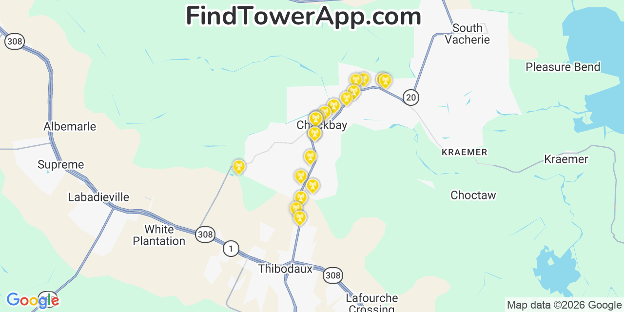 Map showing the 20 primary cell tower locations detected in Chackbay, Louisiana from AT&T, Verizon, and T-Mobile networks