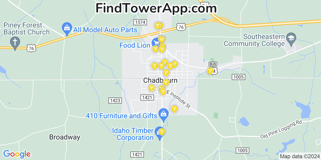 AT&T 4G/5G cell tower coverage map Chadbourn, North Carolina