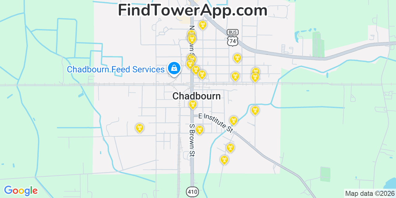 Map showing the 20 primary cell tower locations detected in Chadbourn, North Carolina from AT&T, Verizon, and T-Mobile networks