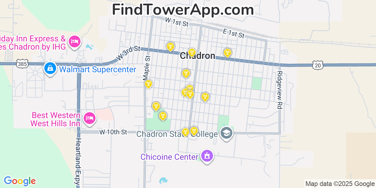 Map showing the 20 primary cell tower locations detected in Chadron, Nebraska from AT&T, Verizon, and T-Mobile networks
