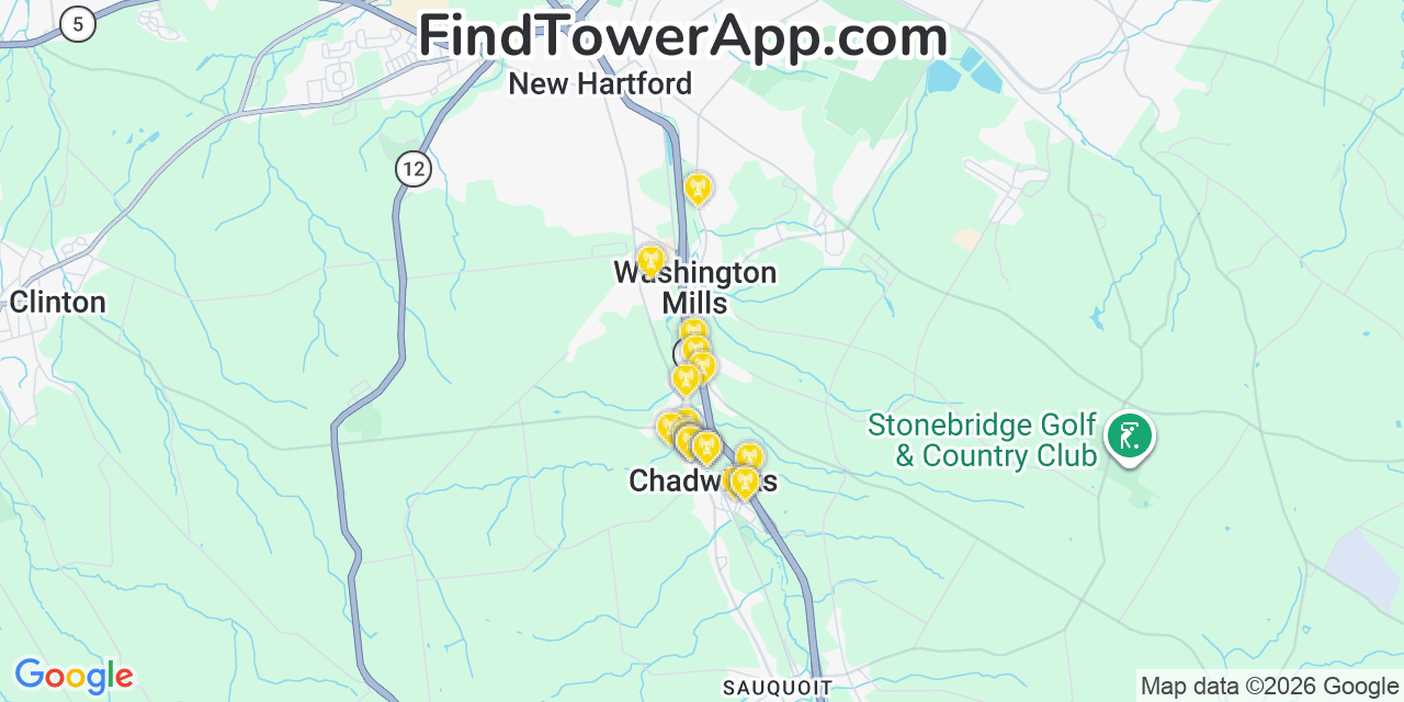 Map showing the 20 primary cell tower locations detected in Chadwicks, New York from AT&T, Verizon, and T-Mobile networks