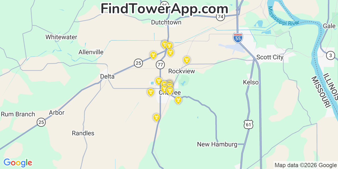 Map showing the 20 primary cell tower locations detected in Chaffee, Missouri from AT&T, Verizon, and T-Mobile networks