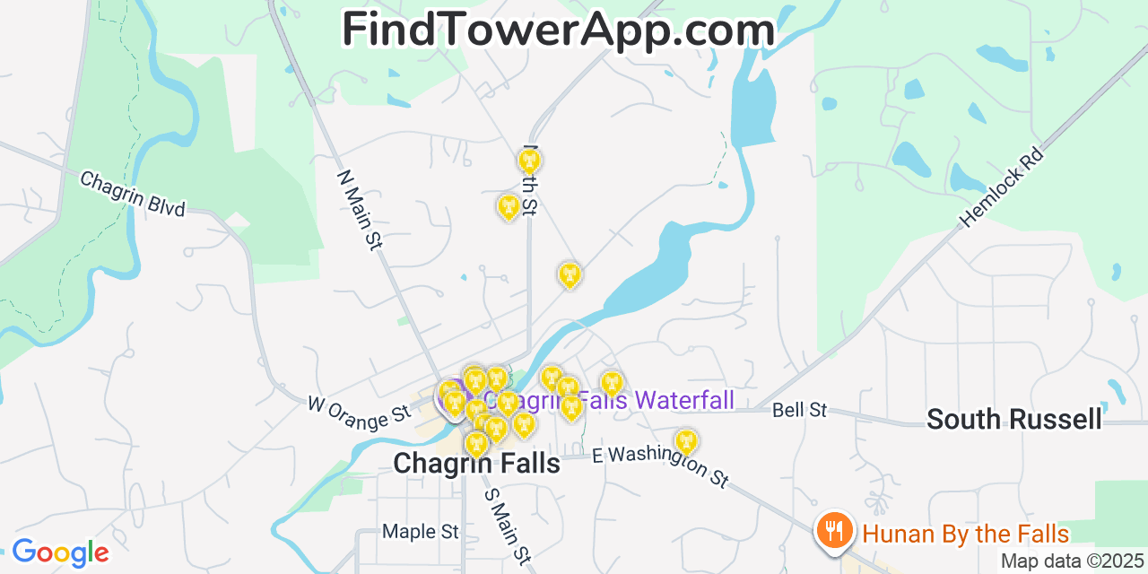 Map showing the 20 primary cell tower locations detected in Chagrin Falls, Ohio from AT&T, Verizon, and T-Mobile networks