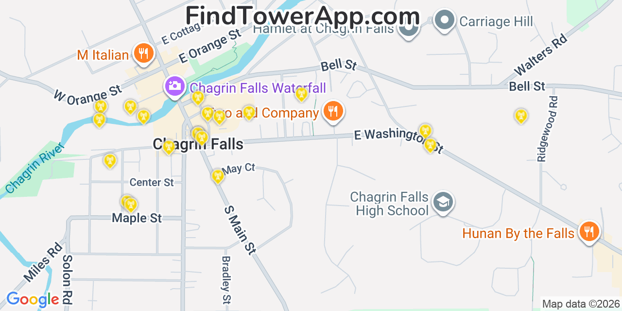 Map showing the 20 primary cell tower locations detected in Chagrin Falls, Ohio from AT&T, Verizon, and T-Mobile networks