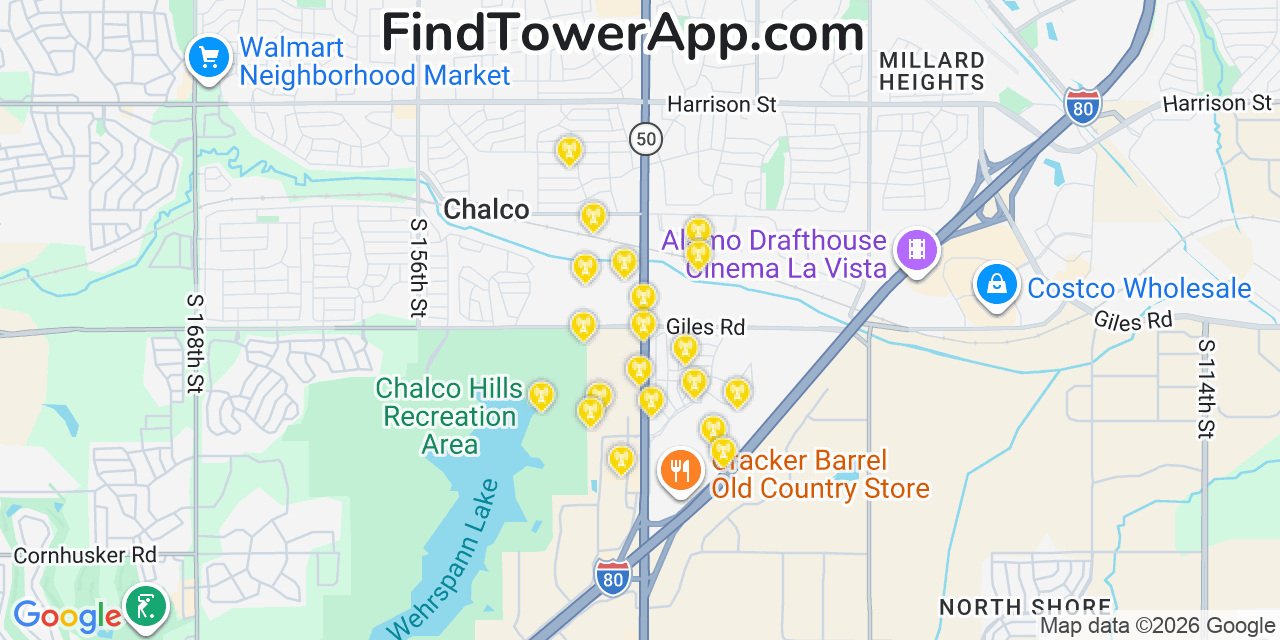Map showing the 20 primary cell tower locations detected in Chalco, Nebraska from AT&T, Verizon, and T-Mobile networks