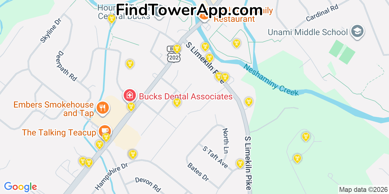 Map showing the 20 primary cell tower locations detected in Chalfont, Pennsylvania from AT&T, Verizon, and T-Mobile networks