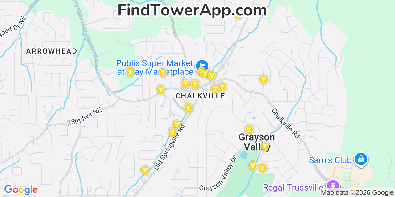 Map showing the 20 primary cell tower locations detected in Chalkville, Alabama from AT&T, Verizon, and T-Mobile networks