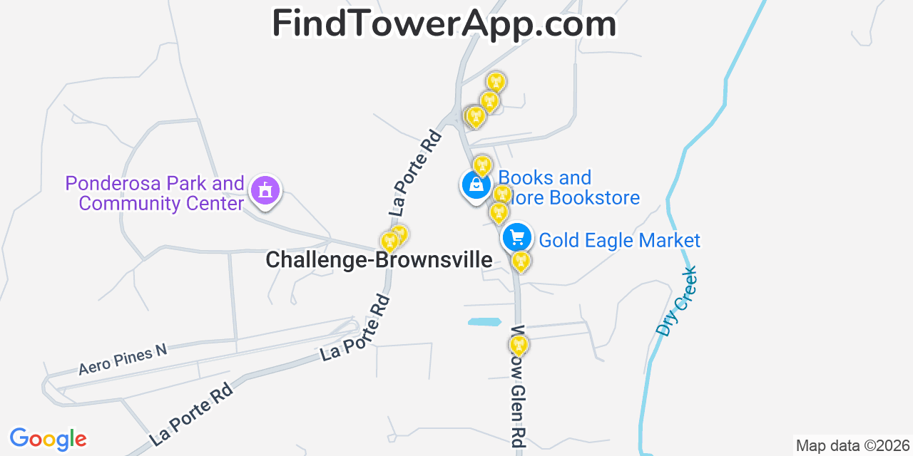 Map showing the 20 primary cell tower locations detected in Challenge Brownsville, California from AT&T, Verizon, and T-Mobile networks