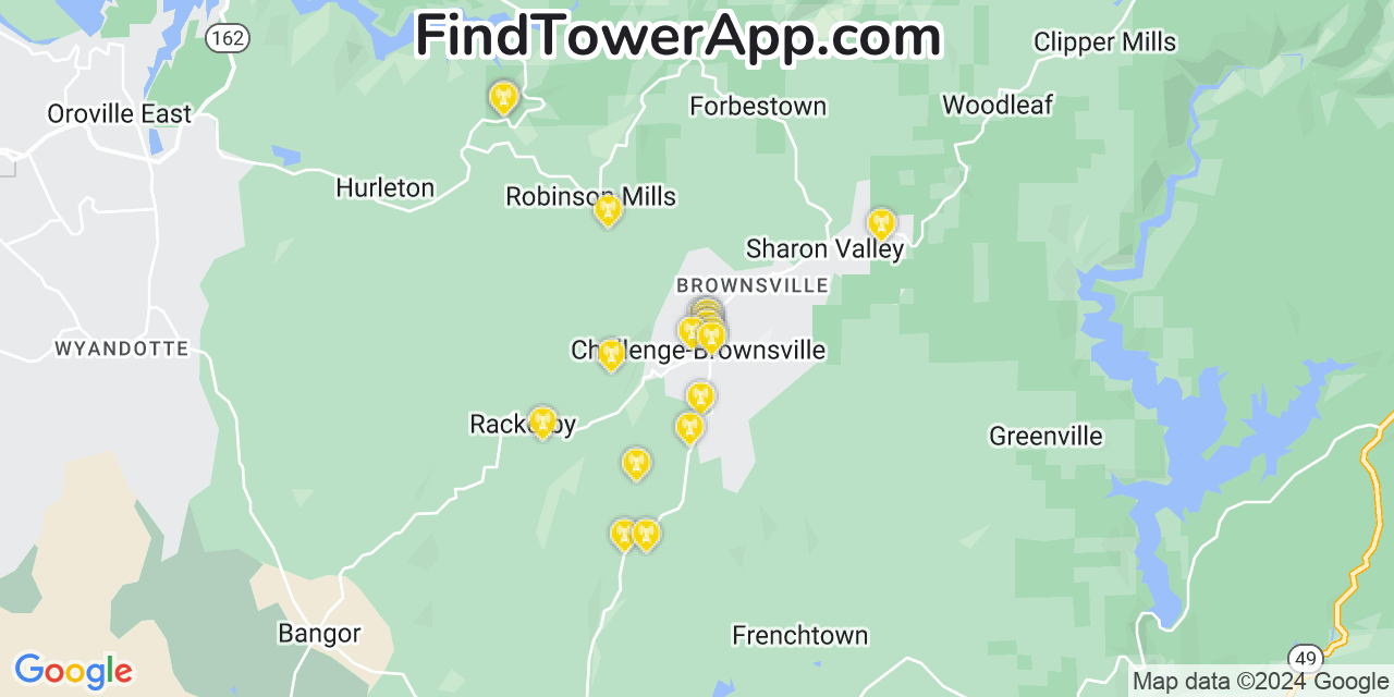 Verizon 4G/5G cell tower coverage map Challenge Brownsville, California