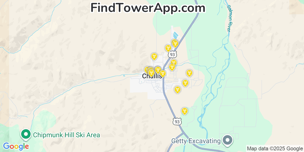 Map showing the 20 primary cell tower locations detected in Challis, Idaho from AT&T, Verizon, and T-Mobile networks