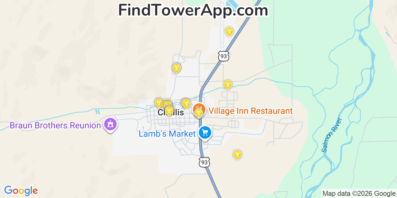 Map showing the 20 primary cell tower locations detected in Challis, Idaho from AT&T, Verizon, and T-Mobile networks