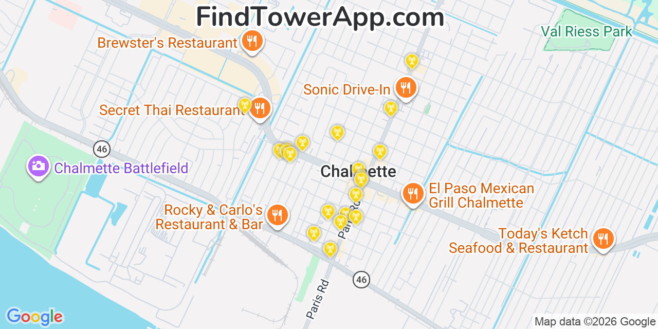 Map showing the 20 primary cell tower locations detected in Chalmette, Louisiana from AT&T, Verizon, and T-Mobile networks