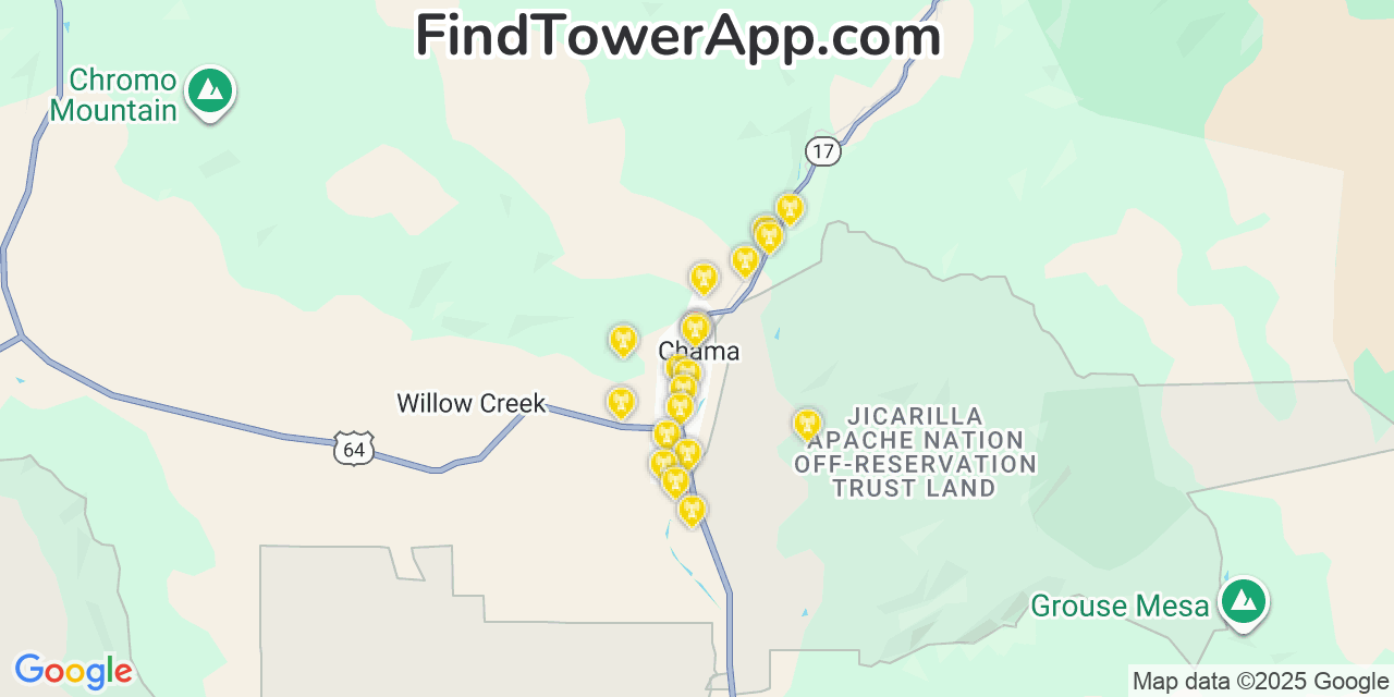 Map showing the 20 primary cell tower locations detected in Chama, New Mexico from AT&T, Verizon, and T-Mobile networks