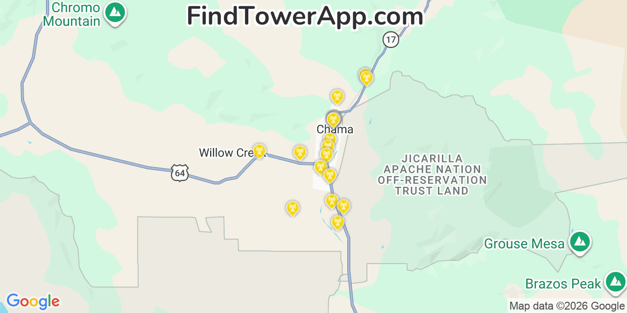 Map showing the 20 primary cell tower locations detected in Chama, New Mexico from AT&T, Verizon, and T-Mobile networks