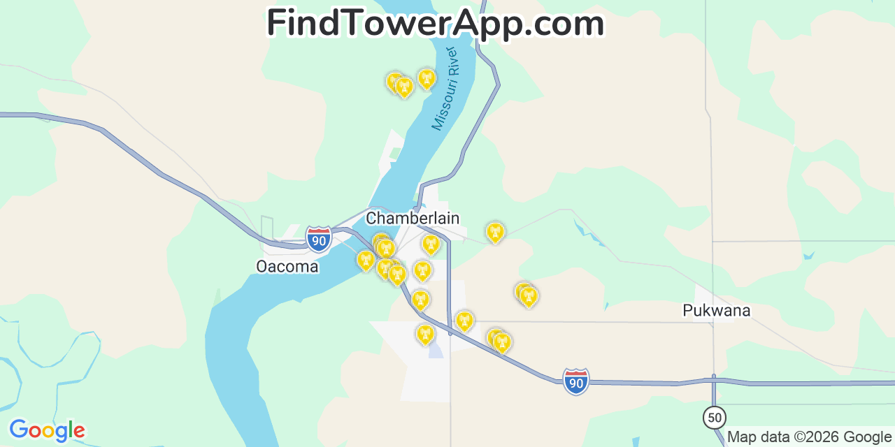 Map showing the 20 primary cell tower locations detected in Chamberlain, South Dakota from AT&T, Verizon, and T-Mobile networks