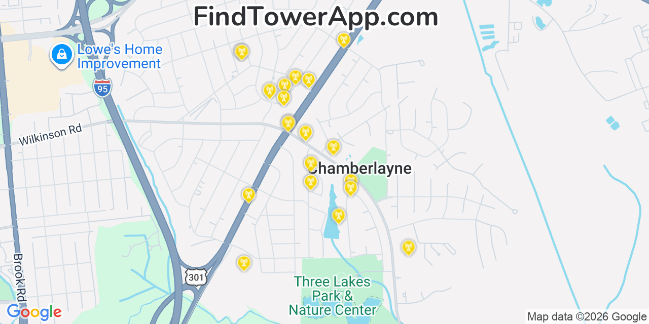 Map showing the 20 primary cell tower locations detected in Chamberlayne, Virginia from AT&T, Verizon, and T-Mobile networks