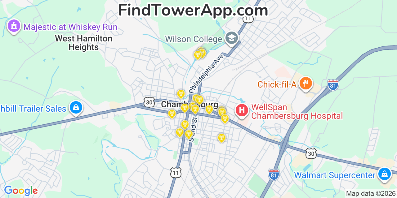 Map showing the 20 primary cell tower locations detected in Chambersburg, Pennsylvania from AT&T, Verizon, and T-Mobile networks