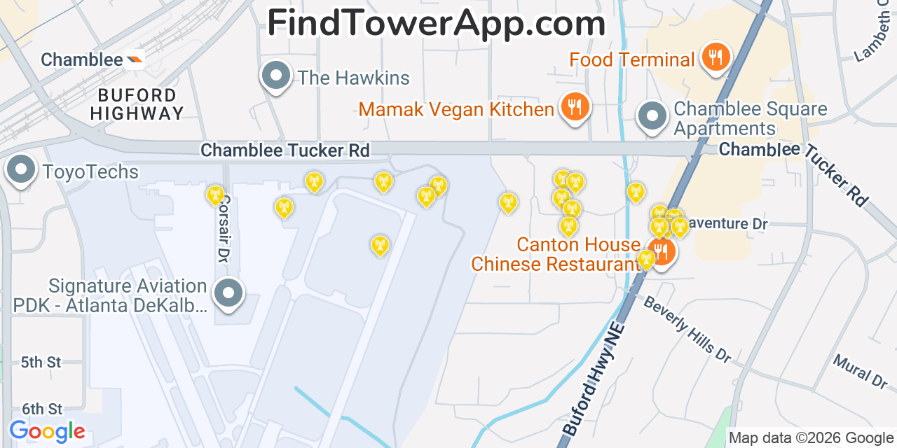 Map showing the 20 primary cell tower locations detected in Chamblee, Georgia from AT&T, Verizon, and T-Mobile networks