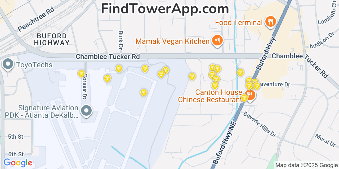 Map showing the 20 primary Mobitel cell tower locations detected in Chamblee, Georgia with coverage radius and signal strength indicators