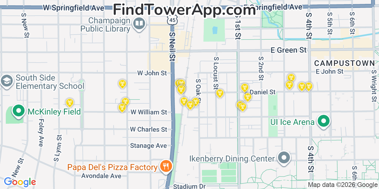 Map showing the 20 primary cell tower locations detected in Champaign, Illinois from AT&T, Verizon, and T-Mobile networks