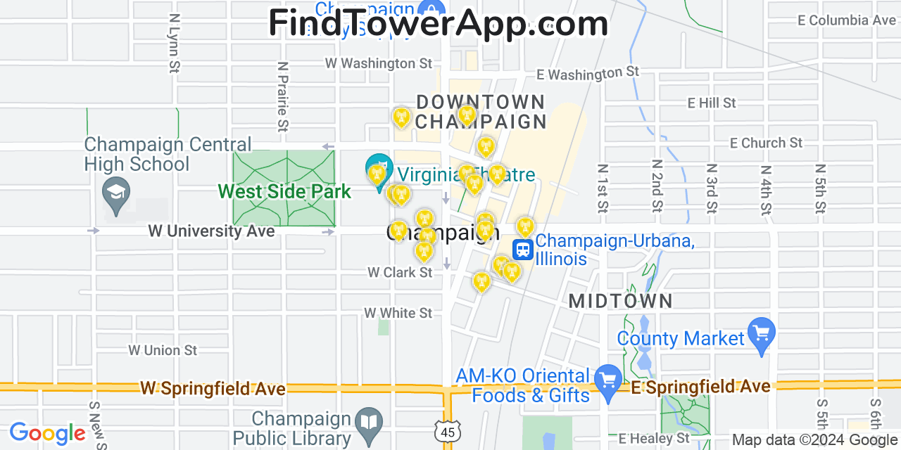 T-Mobile 4G/5G cell tower coverage map Champaign, Illinois