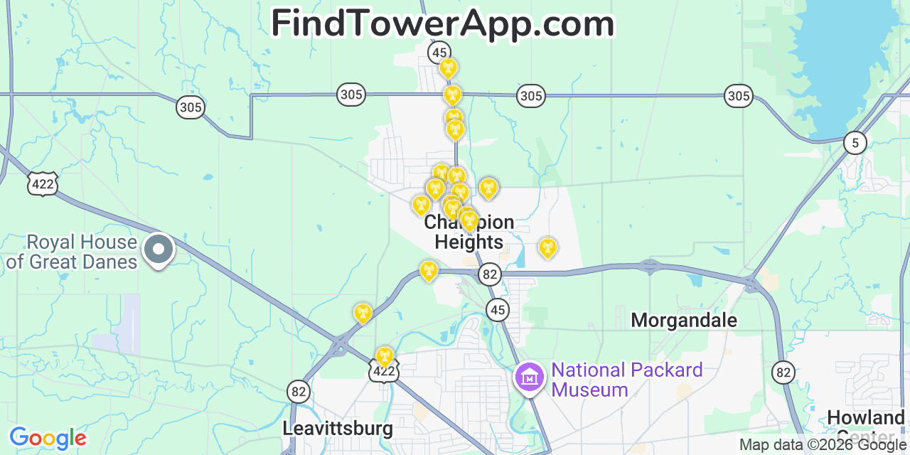 Map showing the 20 primary cell tower locations detected in Champion Heights, Ohio from AT&T, Verizon, and T-Mobile networks
