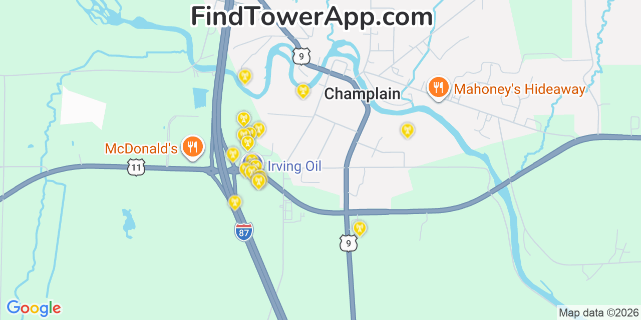 Map showing the 20 primary cell tower locations detected in Champlain, New York from AT&T, Verizon, and T-Mobile networks