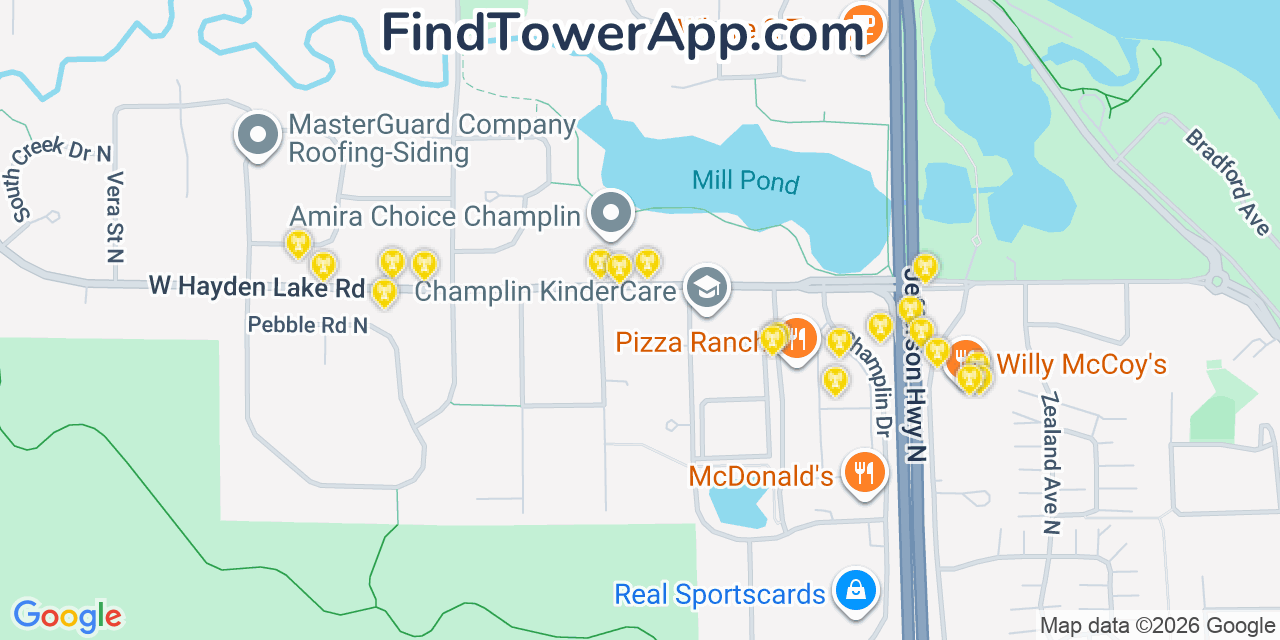 Map showing the 20 primary cell tower locations detected in Champlin, Minnesota from AT&T, Verizon, and T-Mobile networks